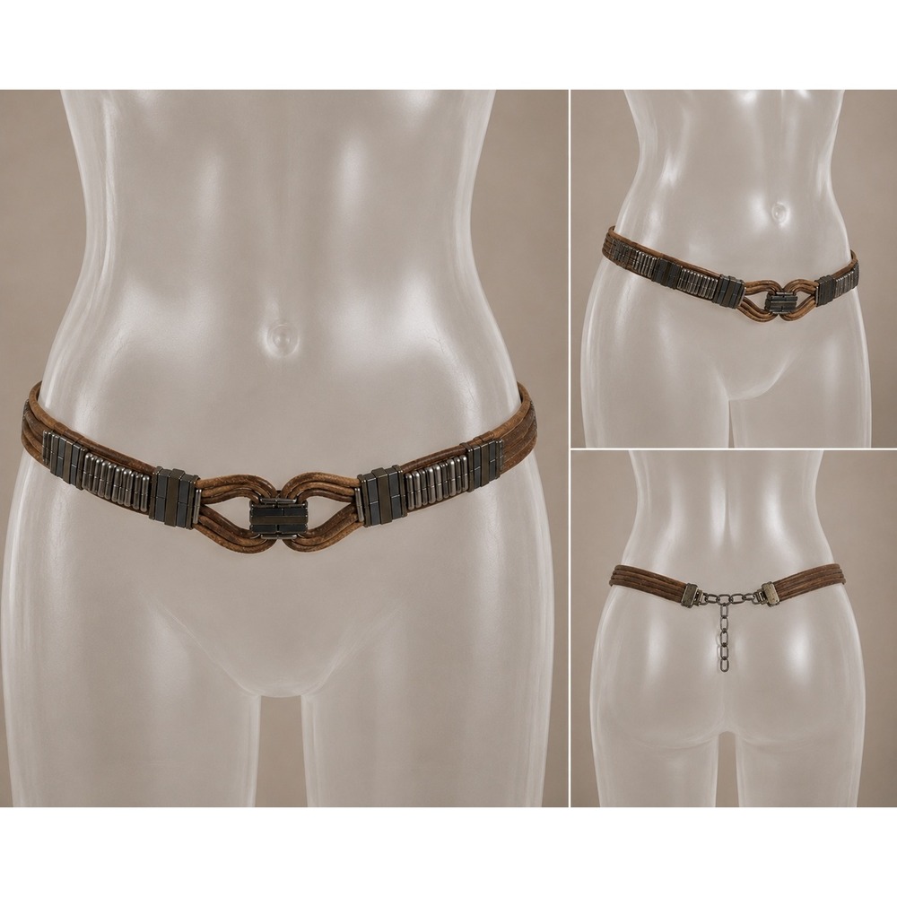 Vintage Leather Chain Belt Womens Medium Brown Boho‎ Western Festival Belt ITALY